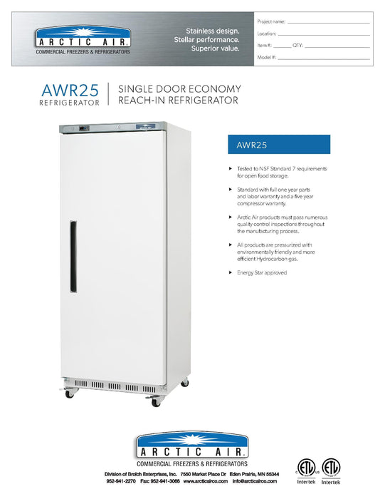 Arctic Air AWR25 White Single Door Reach In Refrigerator - Donut-Equipment.com